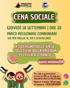Cena sociale di Salento per la Palestina a sostegno di Freedom Flotilla in partenza da Otranto per Gaza