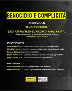 GENOCIDIO E COMPLICITÀ Proiezione del documentario “Sangue e Farina: Gaza attraverso gli occhi di Amal Khayal”