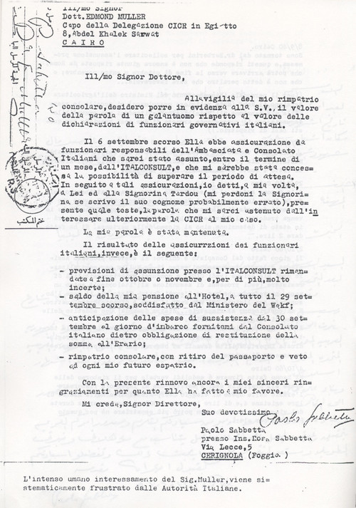 Sabbetta scrive al Dott. Muller alla vigilia del suo rimpatrio (8° Asilo politico)