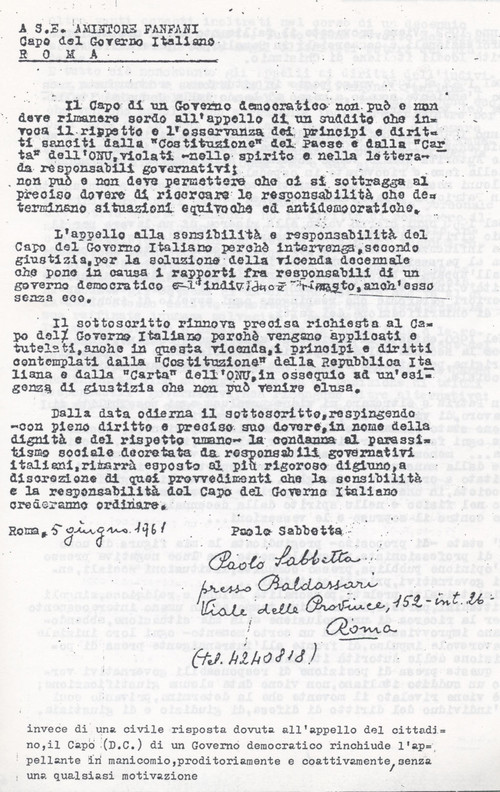 Sabbetta espone un appello al Capo del Governo Amintore Fanfani (10° Il manicomio facile)