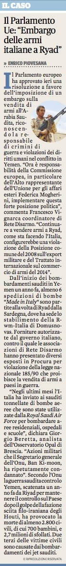 Fatto Quotidiano 26 febbraio 2016 embargo armi arabia saudita