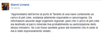 Il testo del post di Gianni Liviano in merito al Pet Coke