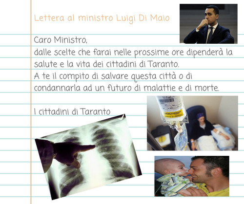 Lettera al ministro Luigi Di Maio sull'ILVA di Taranto: "Dalle scelte che farai nelle prossime ore dipenderà la salute e la vita dei cittadini di Taranto. A te il compito di salvare questa città o di condannarla ad un futuro di malattie e di morte".
