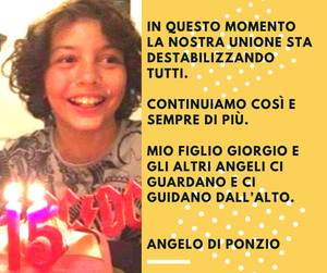 Il ragazzo nella foto è Giorgio Di Ponzio, morto da poche settimane di cancro. La frase è del padre Angelo. Giorgio era uno studente dell'istituto tecnico Righi di Taranto.