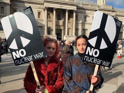 Protesters with No Nuclear War placards.