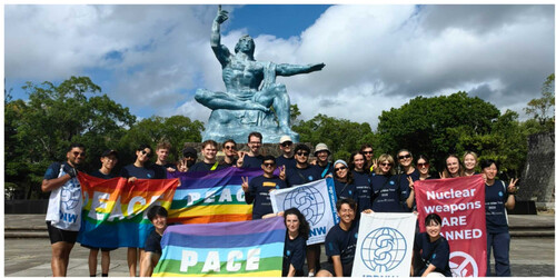 A side event: Participants in the Hiroshima-Nagasaki bike tour gathered at the Nagasaki Peace Park upon arrival for the 24th IPPNW World Congress.  (Font: IPPNW)