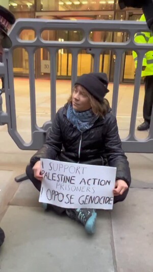 Greta Thunberg espone un cartello in supporto degli attivisti di Palestine Action in prigione
