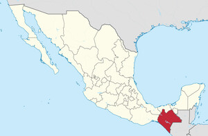 Il Chiapas (in rosso) si trova all'estremo sud del Messico, al confine con il Guatemala. 