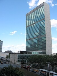 United Nations headquarters as seen from southern Tudor City, on the east side of Manhattan, in New York City.