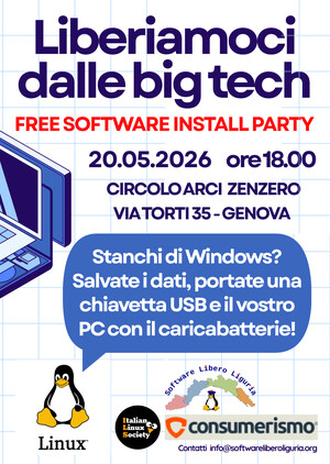 La locandina dell'install party a Genova. 20 maggio 2026. Presso Arci Zenzero.