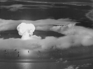 Mushroom cloud from ‘Able’ nuclear test, with ships below during Operation Crossroads on Bikini Atoll