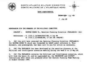 WINTEX-CIMEX - EXERCISE PLANNING DIRECTIVE (EXPLANDIR) Date 1989-07-07. NATO publicly disclosed information is available for research and education purposes. Any commercial use requires the written permission of NATO. Please credit the NATO Archives should any documents be used for publication. 