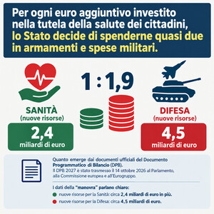 Nuove risorse per la Sanità: circa 2,4 miliardi di euro in più. Nuove risorse per la Difesa: circa 4,5 miliardi di euro in più.