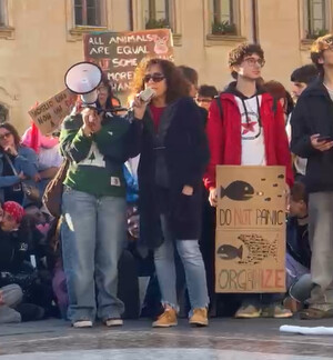 Iniziativa in piazza a Lecce con gli studenti, 30 ottobre 2026. Al microfono Adriana De Mitri (PeaceLink)