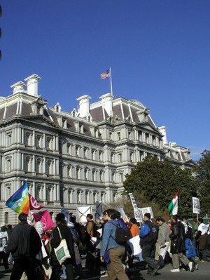 mando questa foto direttamente a te perchè sul sito di peacelink non sapevo bene dove inserirla. E' eccezionale perchè mostra una bandiera della pace anche a Washington (ad un solo isolato dalla Casa 