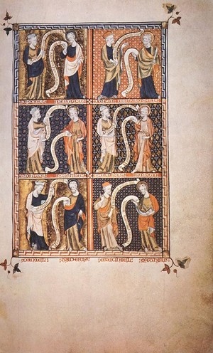 Antico manoscritto inglese che raffigura alcuni profeti e apostoli. Nel primo riquadro Sofonia e Filippo.