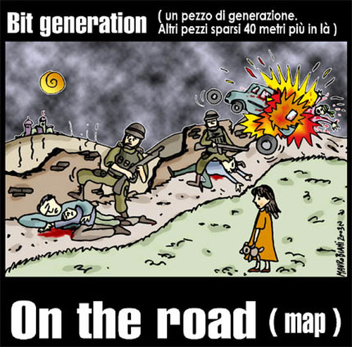 Bit generation: "un pezzo di generazione". Altri pezzi sono sparsi 40 metri più in là. Vignetta di Mauro Biani
