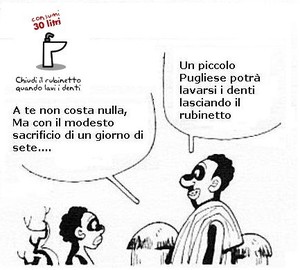 "Chiudi il rubinetto quando lavi i denti, consumi 30 litri!!!"